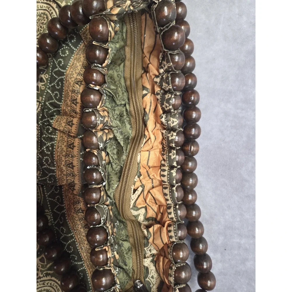 Bohemian Hippie Hobo Beaded Handle Green Floral Patterned Whimsical Bag